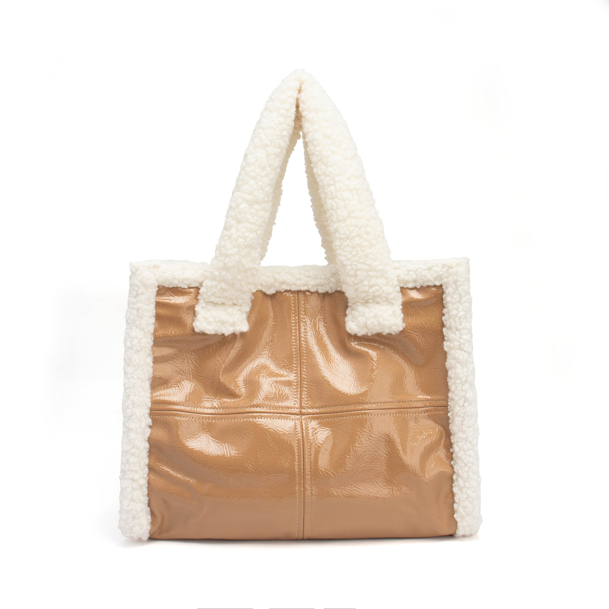 Sherpa Trim Patent Tote Bag – Faux Shearling Handle Shoulder Bag for Women