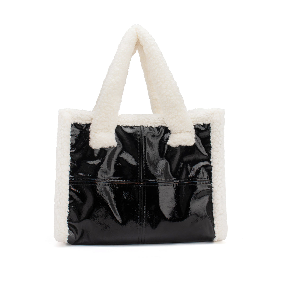 Sherpa Trim Patent Tote Bag – Faux Shearling Handle Shoulder Bag for Women