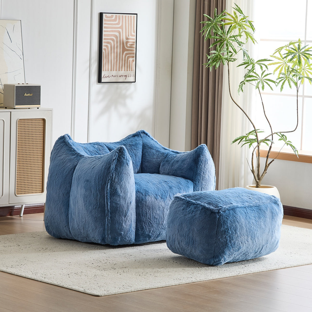 Multi-Color Faux Fur Bean Bag Ottoman Set