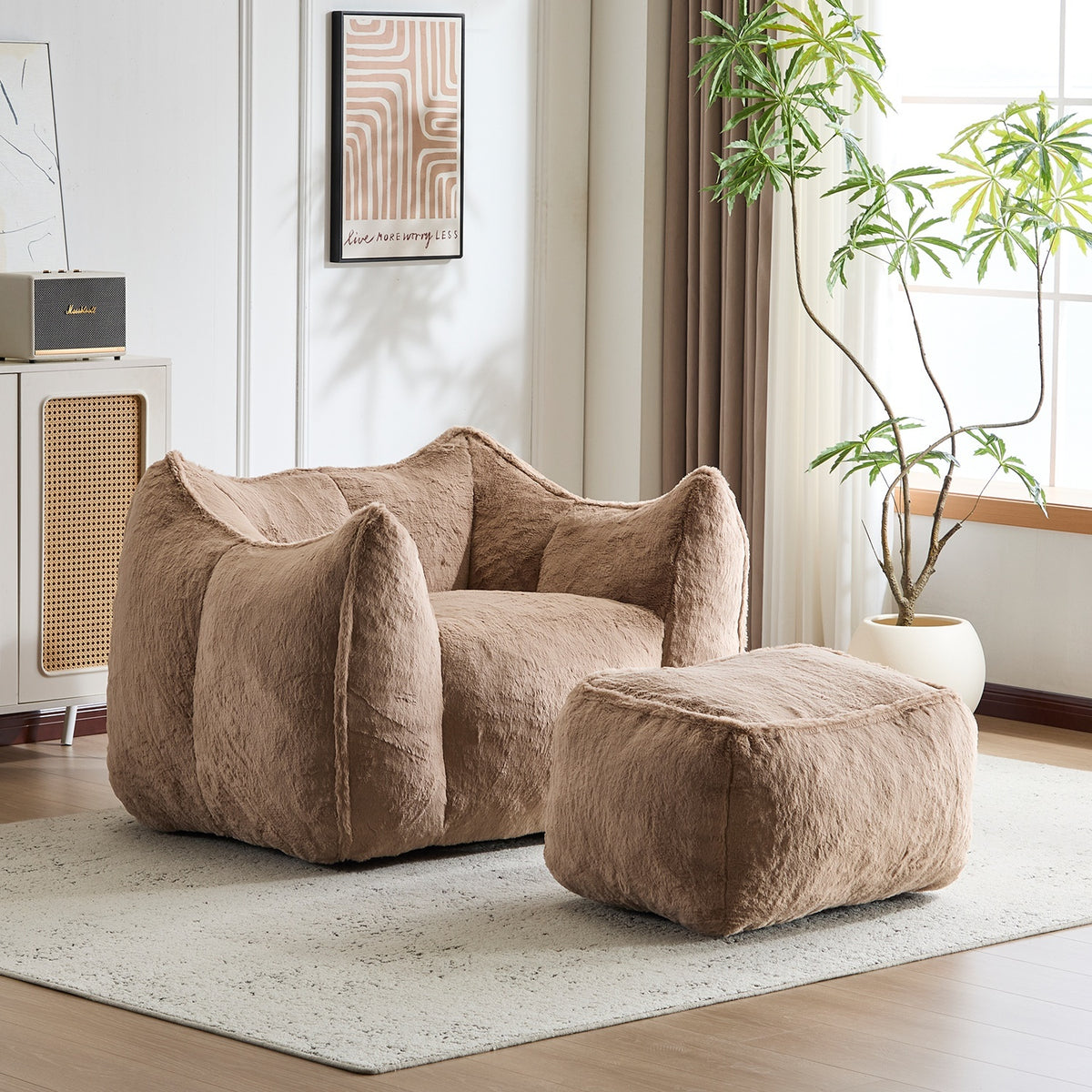 Multi-Color Faux Fur Bean Bag Ottoman Set