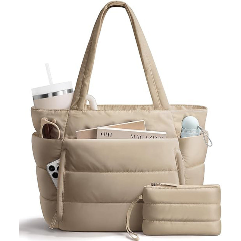 Quilted Puffer Tote Bag with Pouch – Lightweight Padded Shoulder Bag for Women