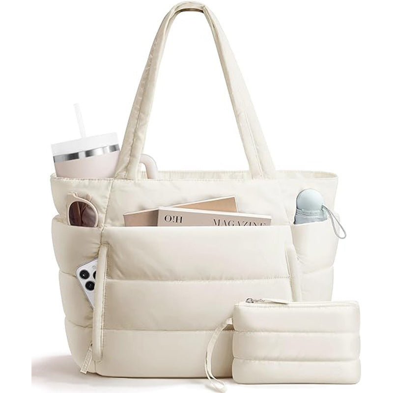 Quilted Puffer Tote Bag with Pouch – Lightweight Padded Shoulder Bag for Women