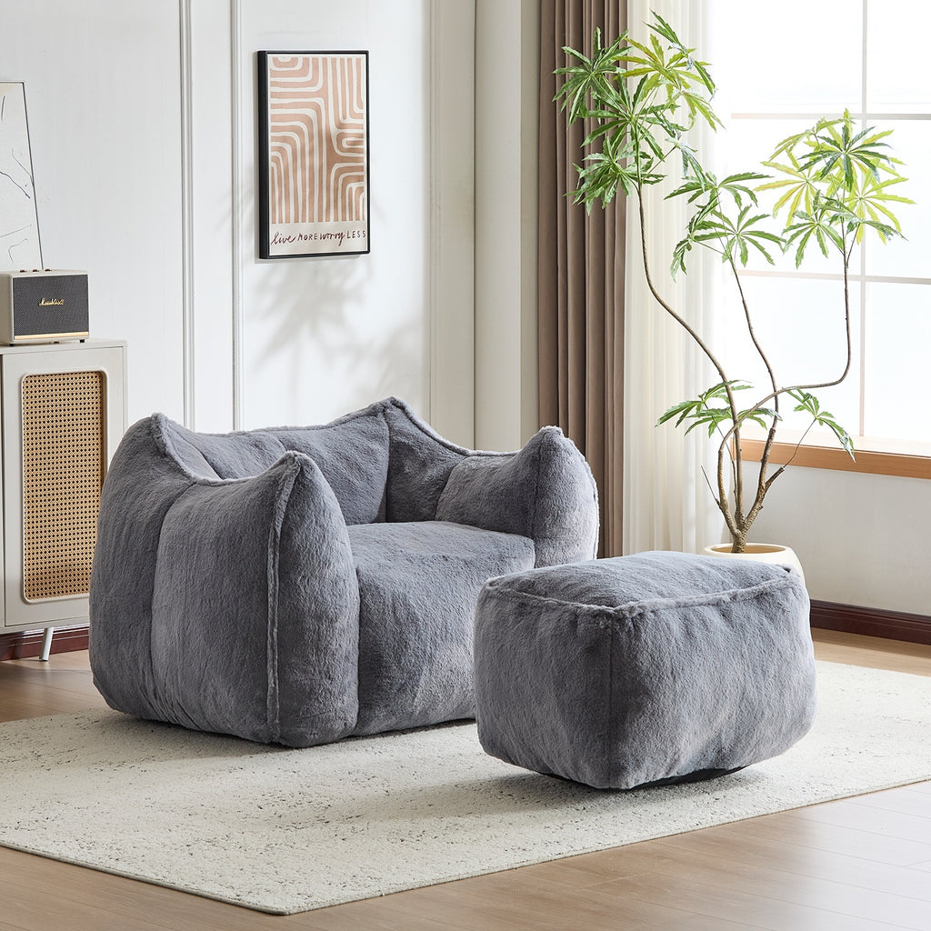 Multi-Color Faux Fur Bean Bag Ottoman Set