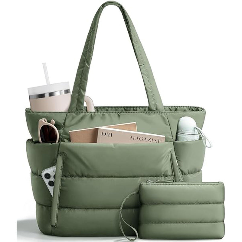 Quilted Puffer Tote Bag with Pouch – Lightweight Padded Shoulder Bag for Women
