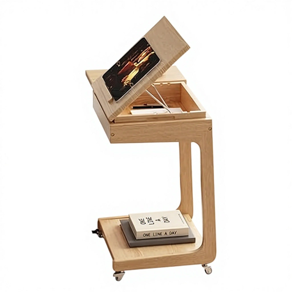Rolling C-Shaped Side Table with Tilting Top & Storage