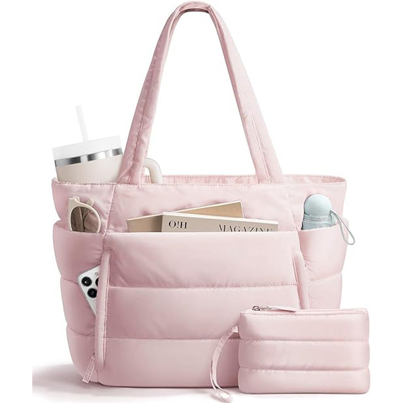 Quilted Puffer Tote Bag with Pouch – Lightweight Padded Shoulder Bag for Women