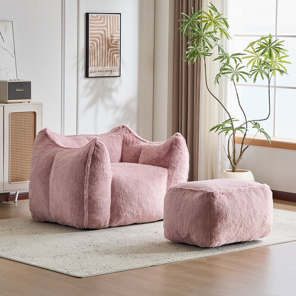 Multi-Color Faux Fur Bean Bag Ottoman Set