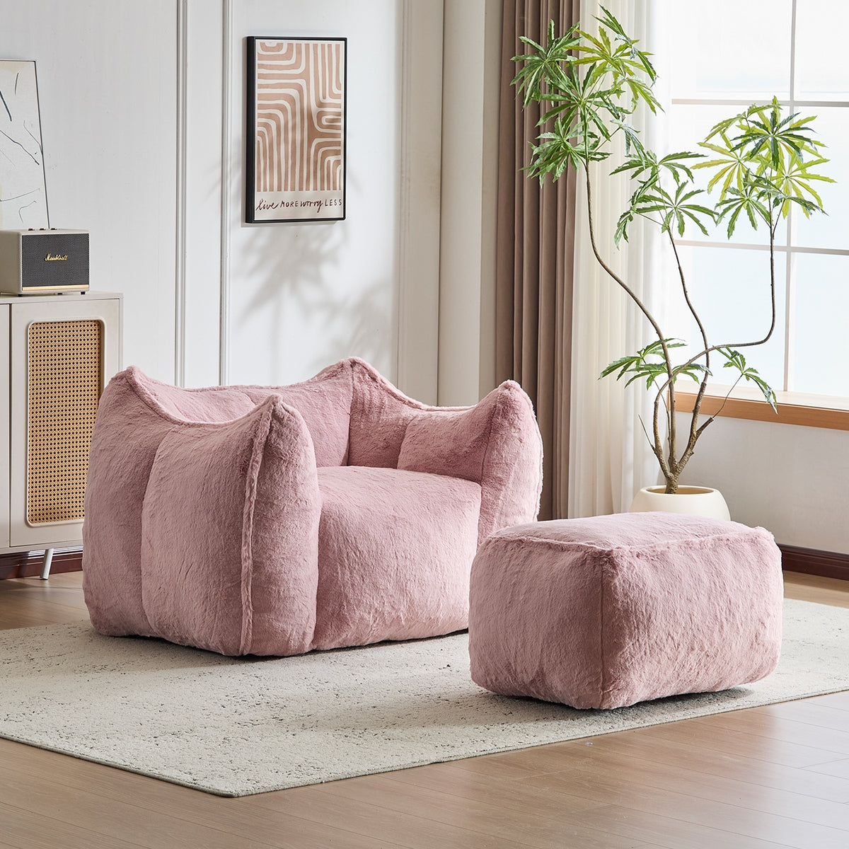 Multi-Color Faux Fur Bean Bag Ottoman Set