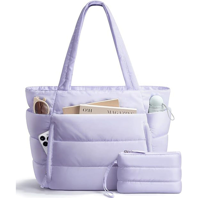 Quilted Puffer Tote Bag with Pouch – Lightweight Padded Shoulder Bag for Women