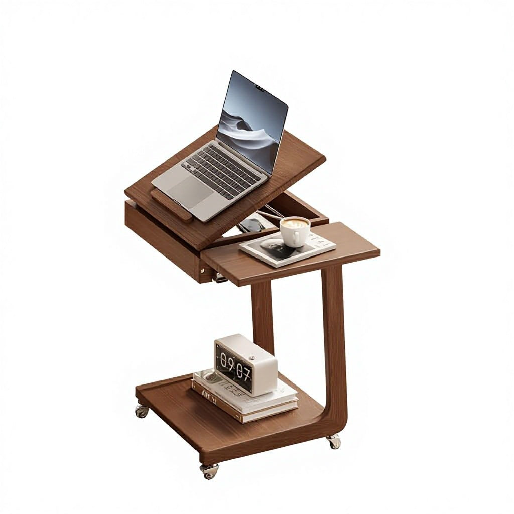 Rolling C-Shaped Side Table with Tilting Top & Storage