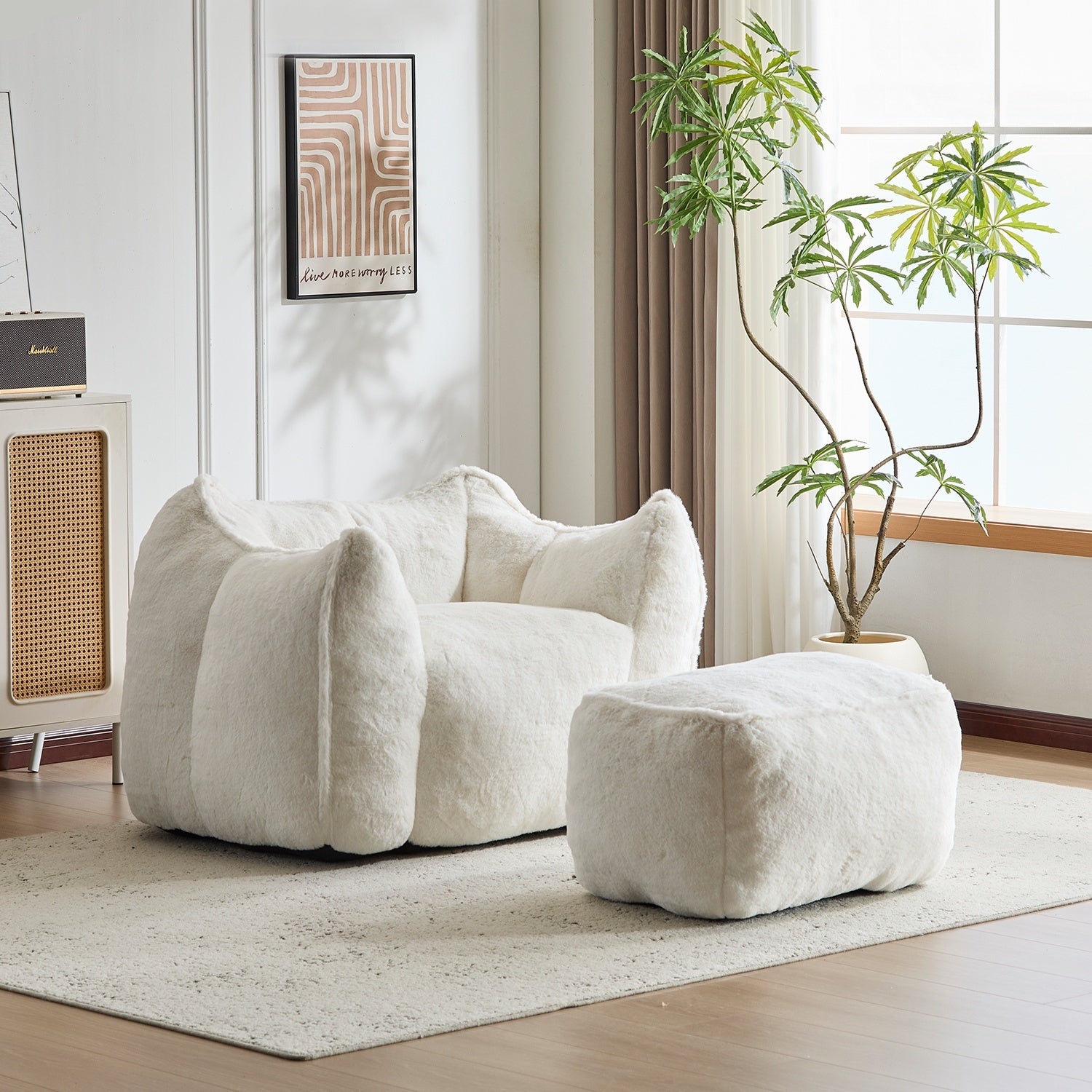 Multi-Color Faux Fur Bean Bag Ottoman Set
