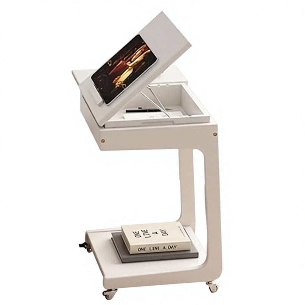 Rolling C-Shaped Side Table with Tilting Top & Storage