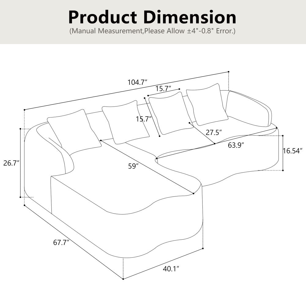 Beige Curved L-Shape 4-Seat Sectional Sofa