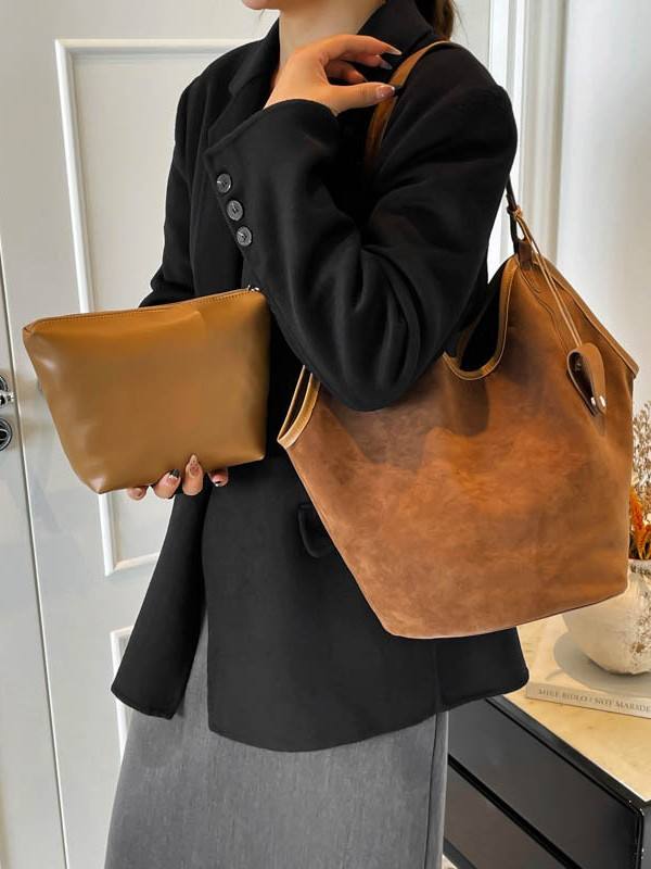 Suede Hobo Bag with Matching Pouch – Slouchy Shoulder Bag for Women