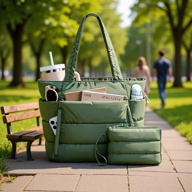 Quilted Puffer Tote Bag with Pouch – Lightweight Padded Shoulder Bag for Women