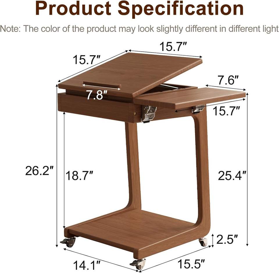 Rolling C-Shaped Side Table with Tilting Top & Storage