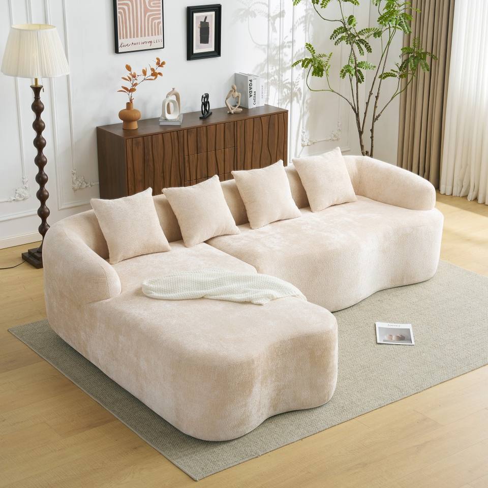 Beige Curved L-Shape 4-Seat Sectional Sofa