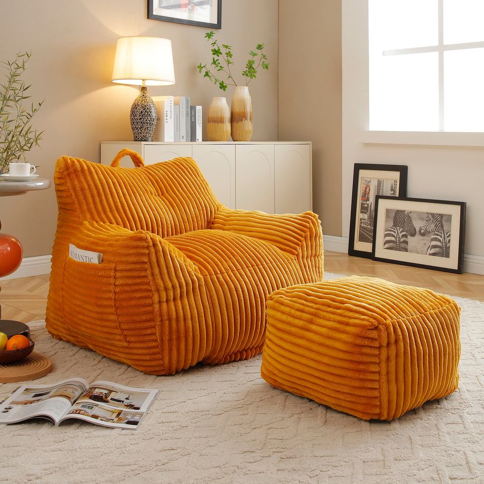 Black Corduroy Bean Bag Chair - Ottoman Set