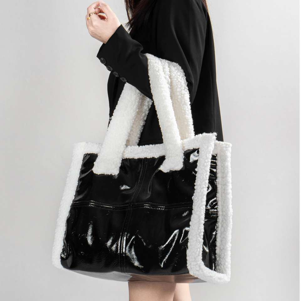 Sherpa Trim Patent Tote Bag – Faux Shearling Handle Shoulder Bag for Women