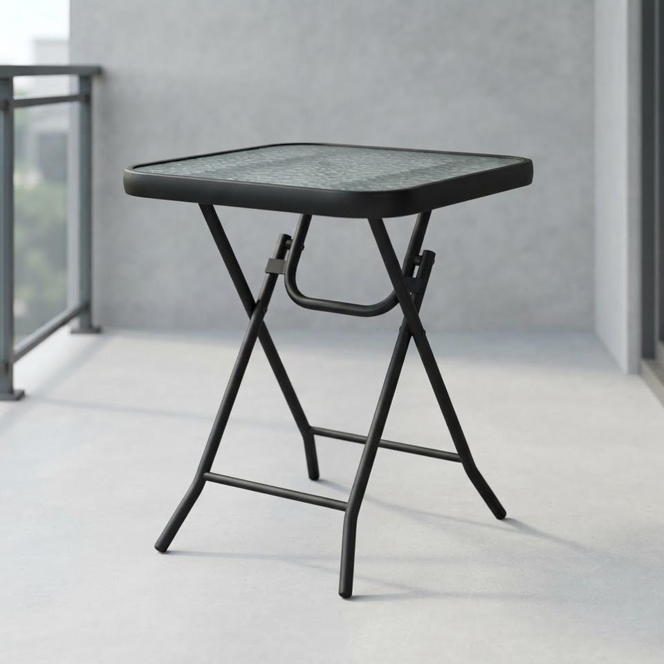 Black Metal Folding Bistro Table with Glass Top