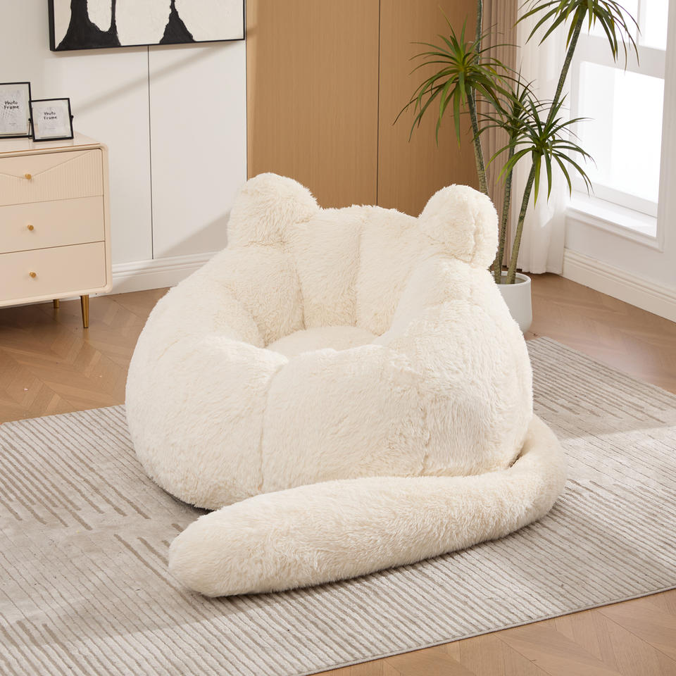 Ivory Cat-Shaped Bean Bag Chair - Tail Design
