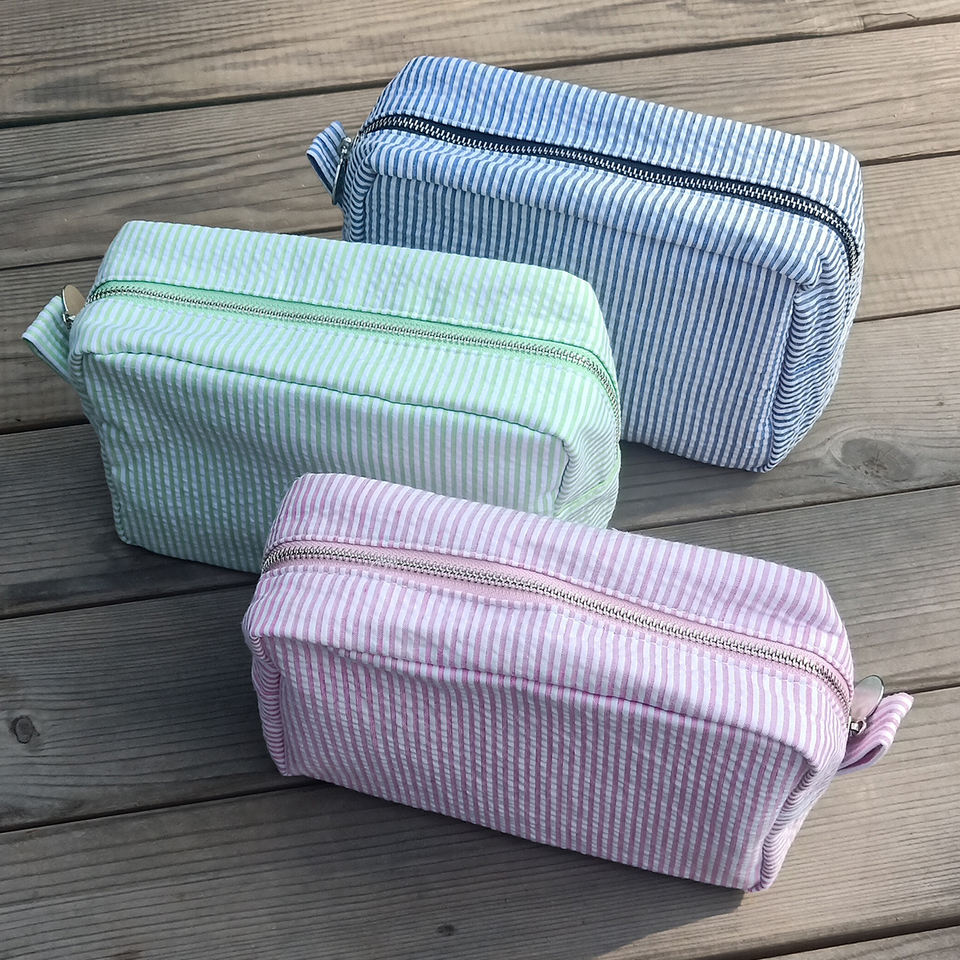 Seersucker Striped Makeup Bag – Cotton Cosmetic Pouch for Women