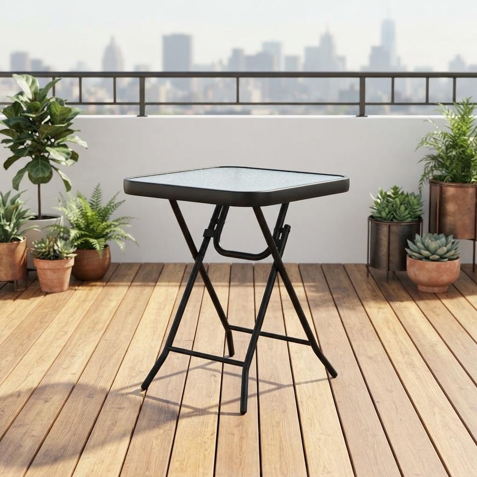 Black Metal Folding Bistro Table with Glass Top
