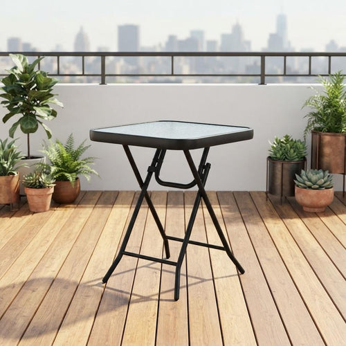 Black Metal Folding Bistro Table with Glass Top