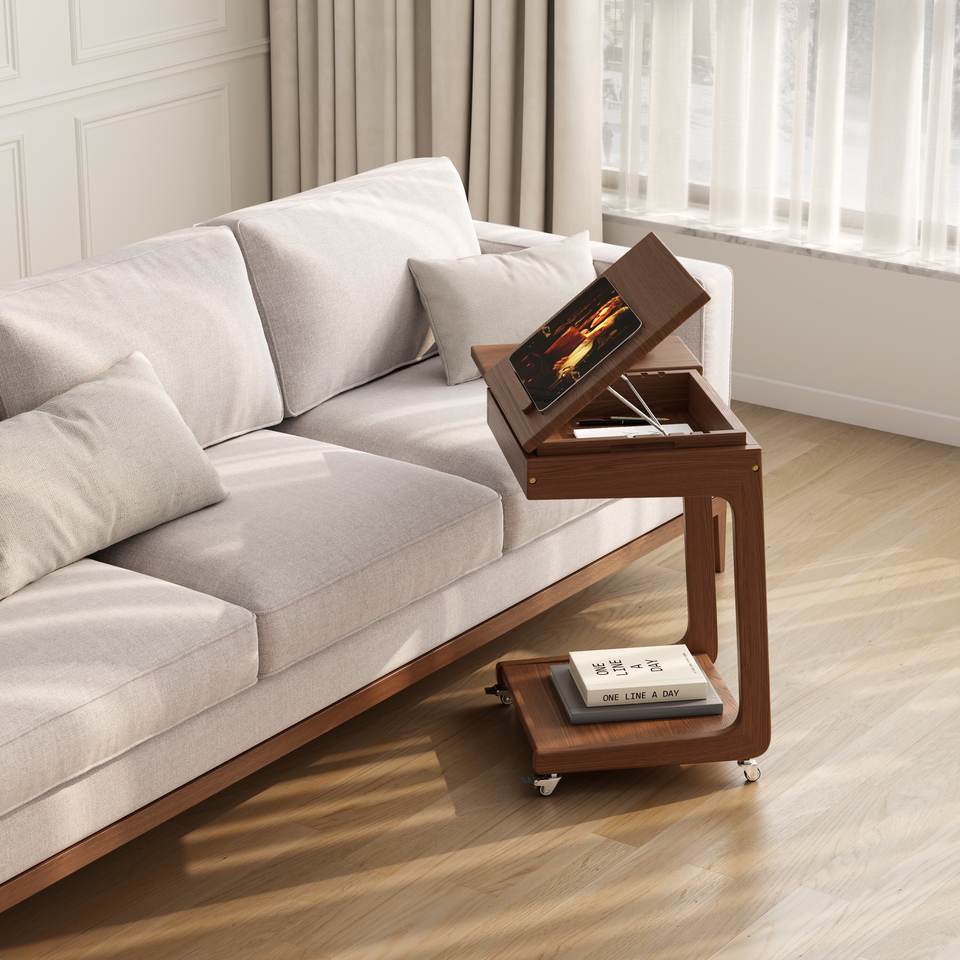 Rolling C-Shaped Side Table with Tilting Top & Storage
