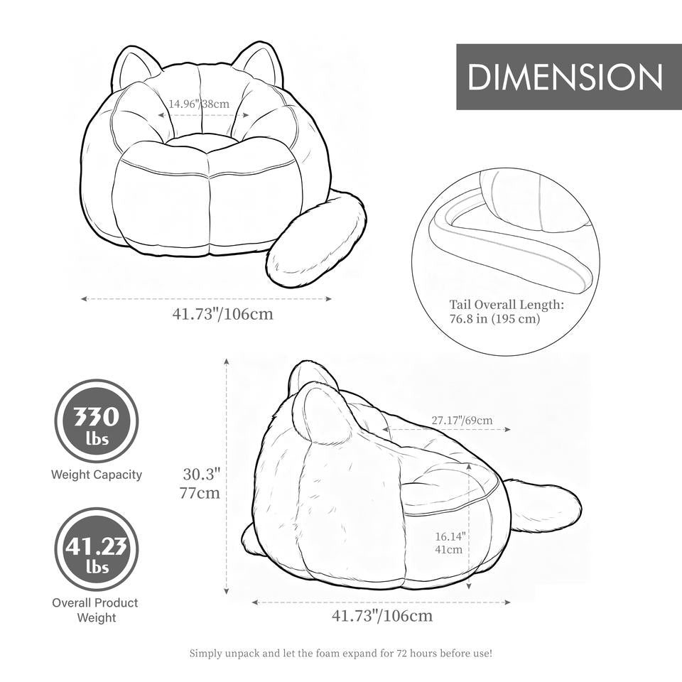Ivory Cat-Shaped Bean Bag Chair - Tail Design