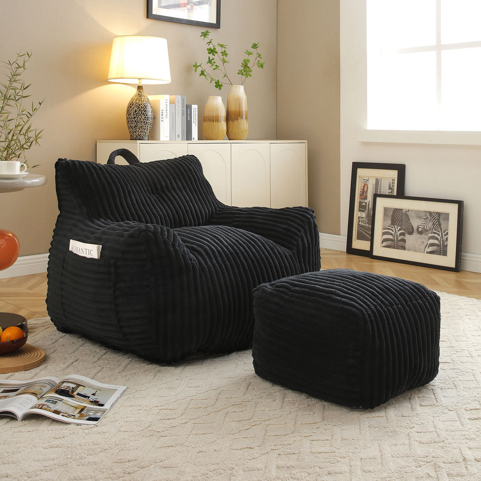 Black Corduroy Bean Bag Chair - Ottoman Set