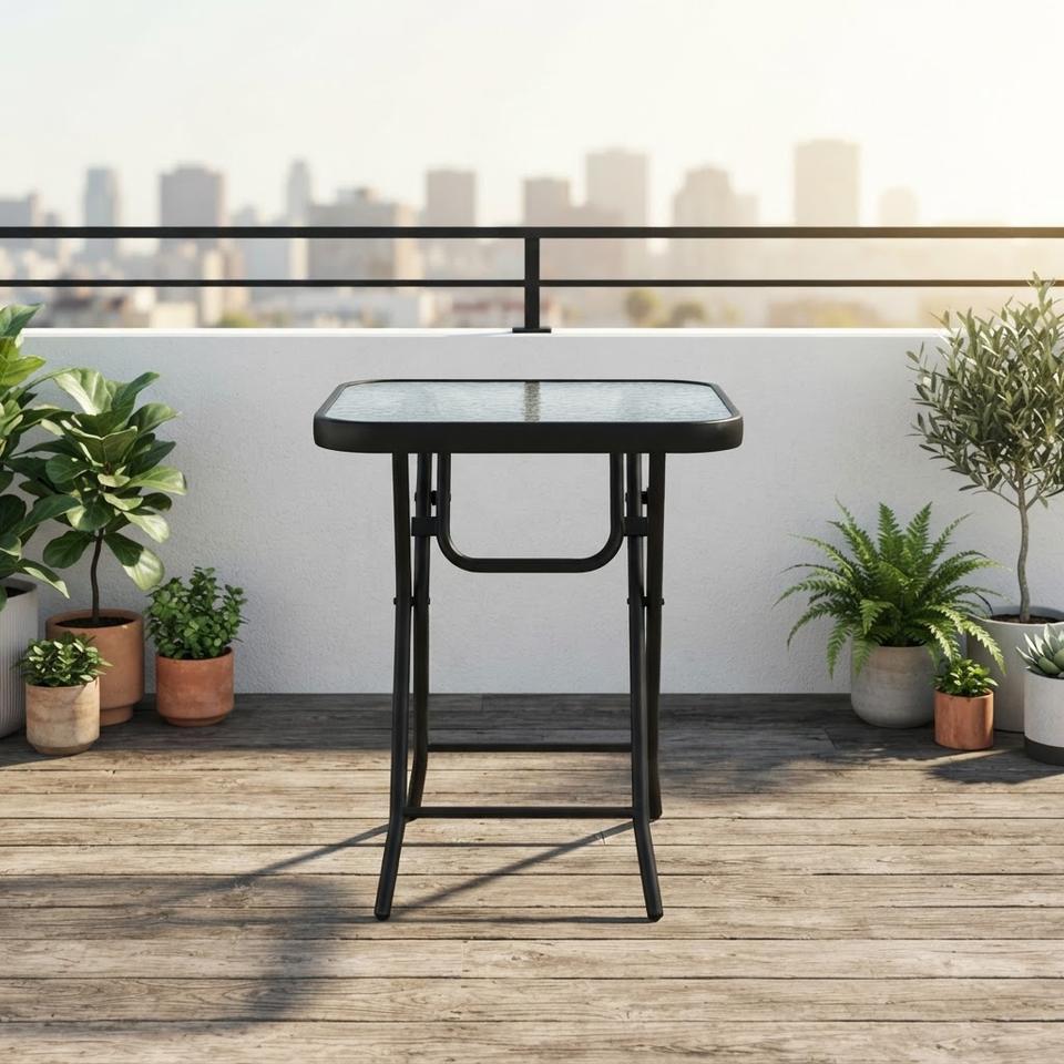 Black Metal Folding Bistro Table with Glass Top