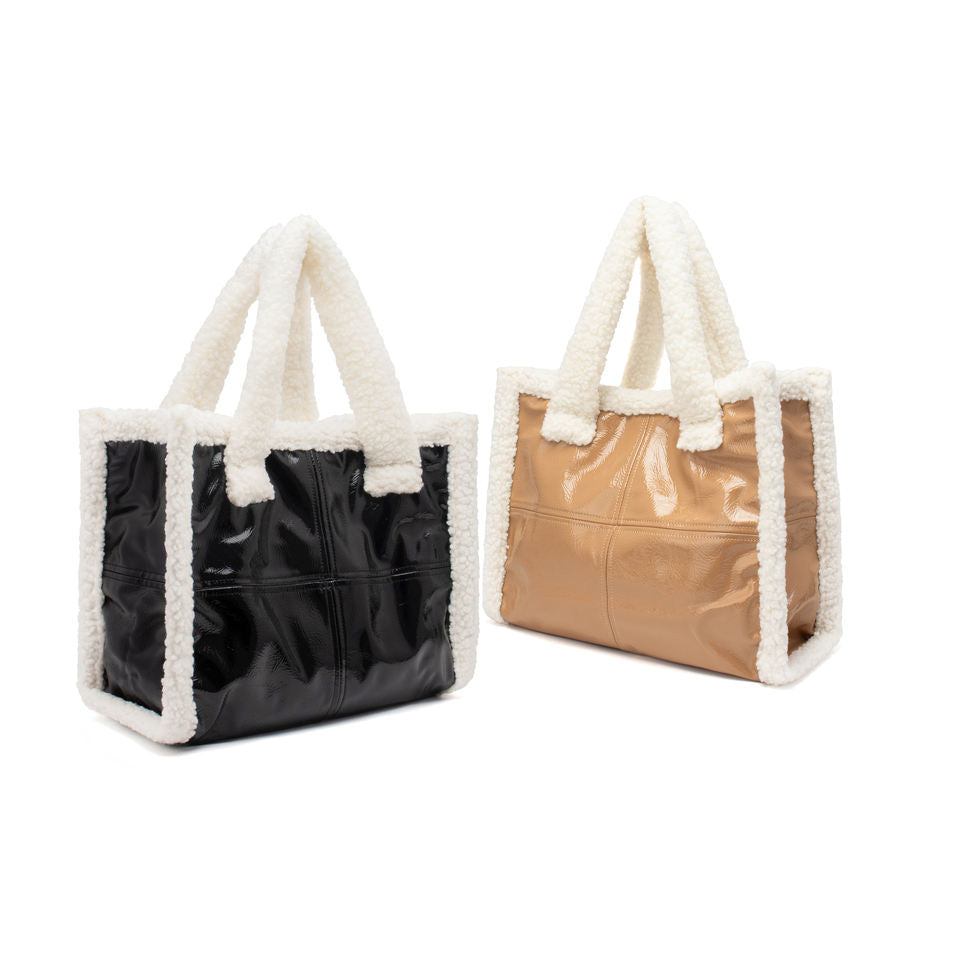 Sherpa Trim Patent Tote Bag – Faux Shearling Handle Shoulder Bag for Women