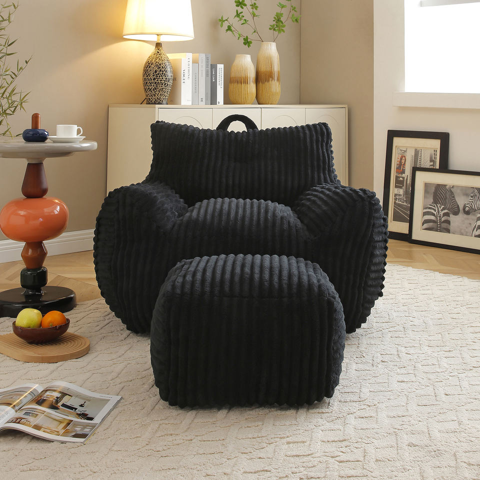 Black Corduroy Bean Bag Chair - Ottoman Set