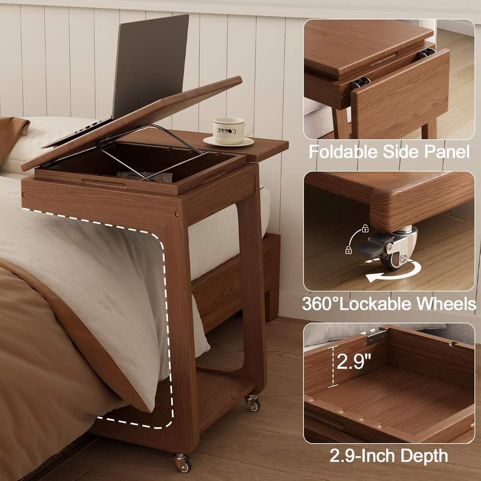 Rolling C-Shaped Side Table with Tilting Top & Storage